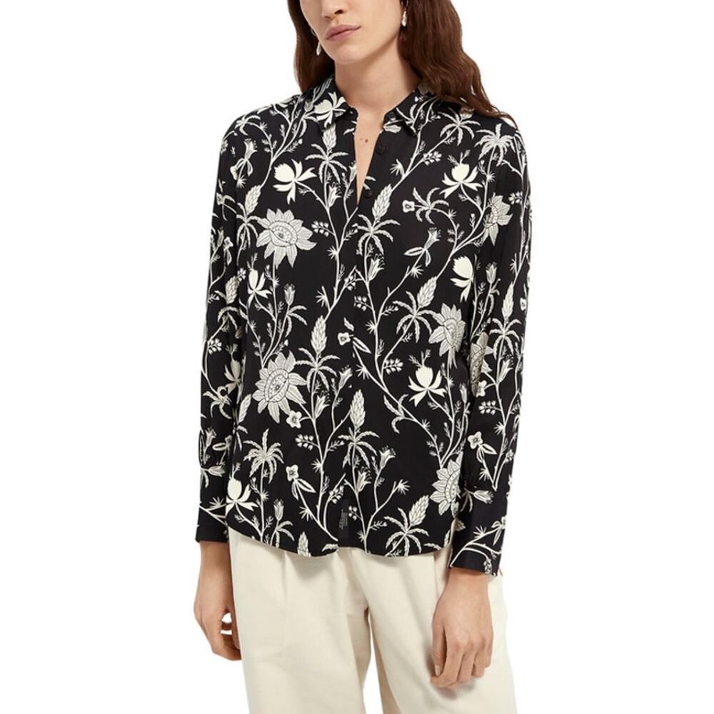 Scotch & Soda Floral Button Down Shirt Black Collared Long Sleeve Size XS